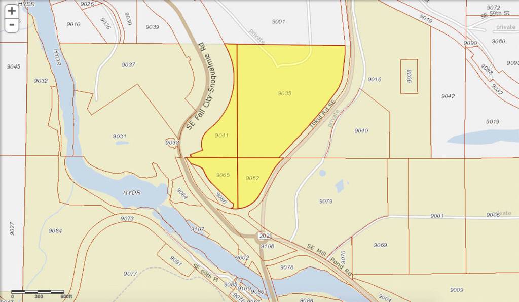 The four parcels of owned by the Muckleshoot Indian Tribe for the Salish Expansion highlighted in the King County Parcel Viewer. The parcels are consistent with the approved acreage of the development project. Parcel D, listed as 9041, is 8.6 acres and sits east of the east SR 202 right-of-way. (King County Parcel Viewer)