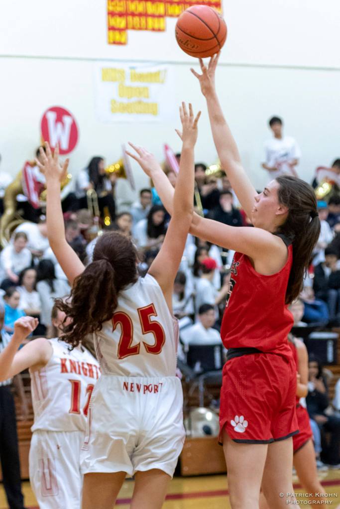 Mount Si Wildcats junior center Sela Heide, right, scored a team-high 15 points in a 4A KingCo contest against the Newport Knights on Dec. 14 in Factoria. Newport defeated Mount Si, 45-36. Photo courtesy of Patrick Krohn/Patrick Krohn Photography