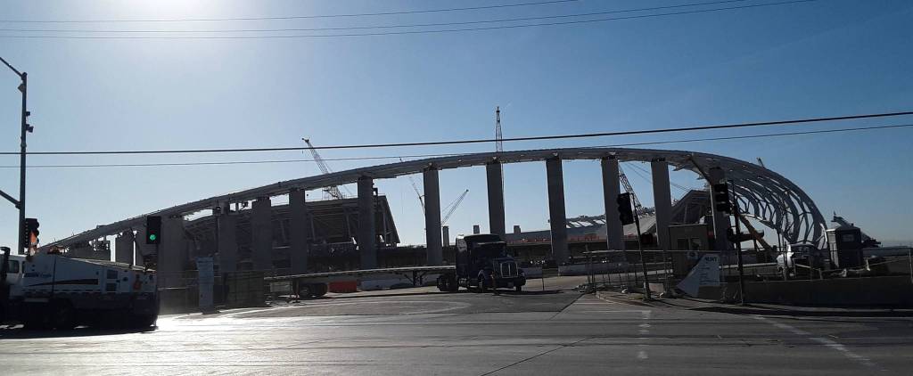 A view of the future Los Angeles Stadium and Entertainment District from the corner of Kareem Court and Pincay Drive. Andy Nystrom / staff photo