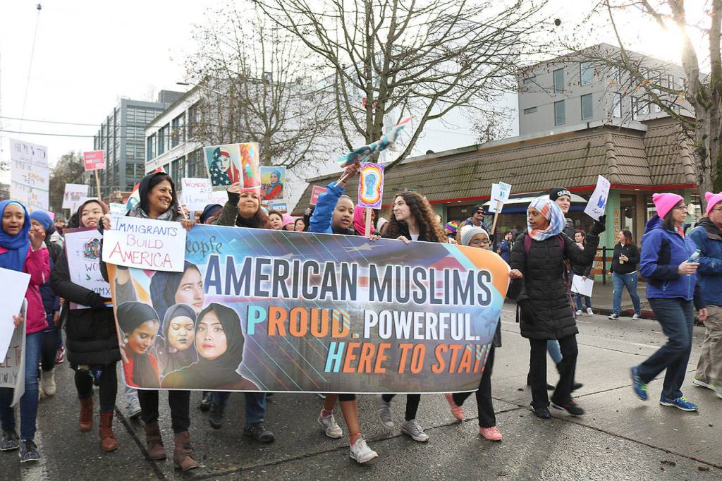 Eastside group Muslim Association of Puget Sound (MAPS) participated in the Womxns March for the third time on Jan. 19. Stephanie Quiroz/staff photo.