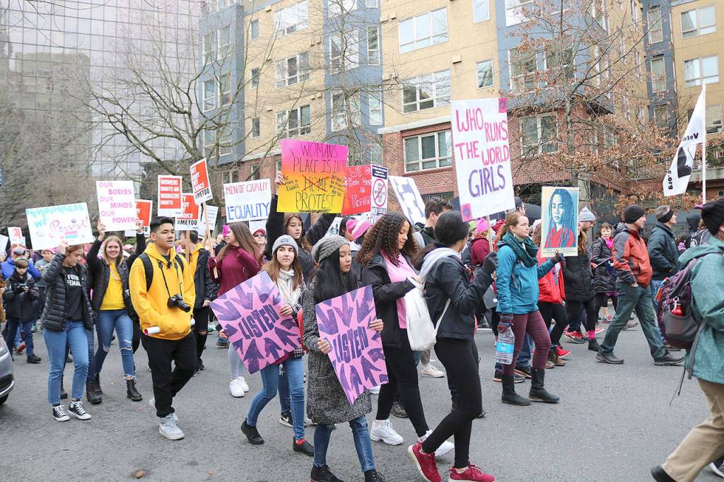 Thousands attended the third annual Womxns March in Seattle on Jan. 19. Attendees marched from Cal Anderson Park to the Seattle Center. Stephanie Quiroz/staff photo.