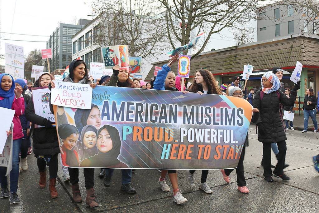 Eastside group Muslim Association of Puget Sound (MAPS) participated in the Womxns March for the third time on Jan. 19. Stephanie Quiroz/staff photo.