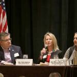 Sen. Patty Kuderer discusses her 2019 plan to work on housing sustainability and affordability at the East King County Chamber Coalition Legislative Breakfast. From left: Rep. Mark Harmsworth, Sen. Patty Kuderer, Sen. Manka Dhingra. Evan Pappas/Staff Photo