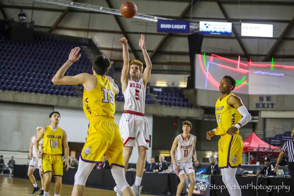 Mount Si Wildcats player Jabe Mullins, pictured, scored 13 points against the Puyallup Vikings in the Class 4A state quarterfinals on Feb. 28 at the Tacoma Dome. Mount Si defeated Puyallup 45-40. Photo courtesy of Don Borin/Stop Action Photography
