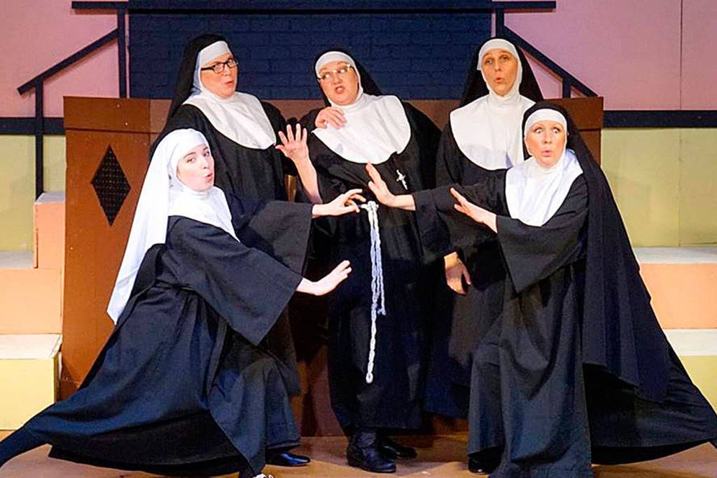 Valley Center Stage presents Nunsense. From left Sister Leo (Holly Madland), Sister Hubert (Julie Lester), Mother Superior (Stacie Hart), Sister Robert Anne (Amelia Medina) and Sister Mary Amnesia (Carrie Sleeper-Bowers). Photo courtesy of René Schuchter