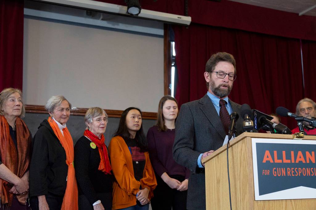 Paul Kramer speaks at a press conference on the one-year anniversary of the Marjory Stoneman Douglas High School shooting. His son Will was a survivor of a gun violence incident in Mukilteo. Ashley Hiruko/staff photo