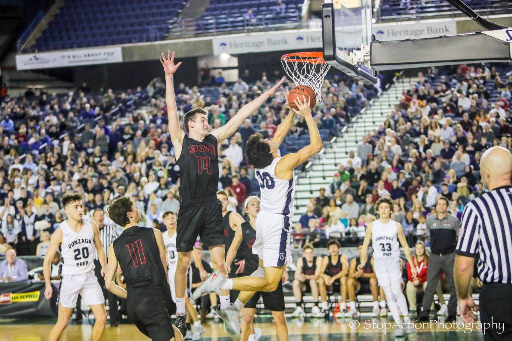 Mount Si Wildcats senior Brett Williams, center, tries to block Gonzaga Preps Sheadon Byrd on a drive to the basket in the Class 4A state championship game on March 2 at the Tacoma Dome. Gonzaga Prep defeated Mount Si 69-43. Photo courtesy of Don Borin/Stop Action Photography