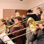 The MSHS jazz band practices for the upcoming Essentially Ellington High School Jazz Band Competition & Festival in New York City. Back row from left: Sage Eisenhour, Ethan Horn, Paula Bachtal, Brandon Wilhite. Front row from left: Tate Satterlee, James Kolke, Corey Gazit, Erik Thurston. Madison Miller/staff photo