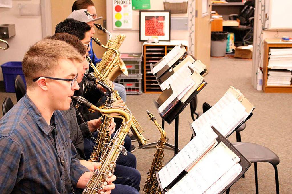 MSHS is one of three Washington schools to be a finalist for the Essentially Ellington jazz band festival and competition. From left: Jackson Beymer, Christian Palomo, Tychon Preston, Elijah Wray, Nathaniel Wray. Madison Miller/staff photo
