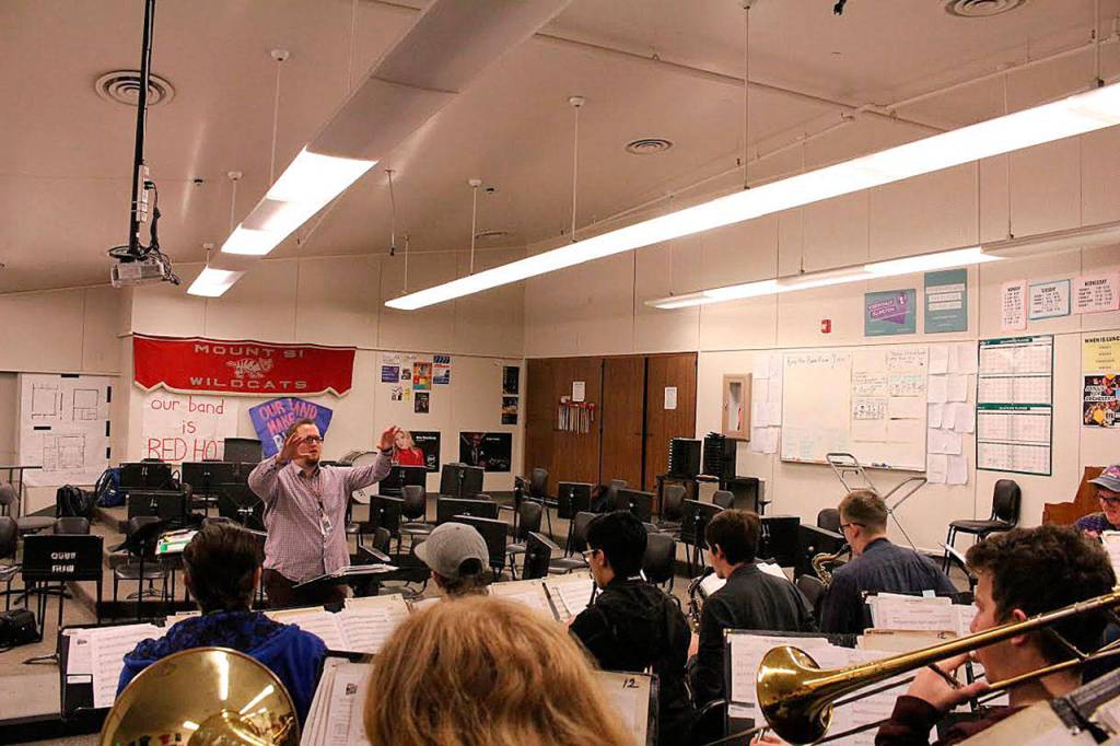 Bill Leather and the jazz band rehearse Groove Merchant for the upcoming Essentially Ellington competition. Madison Miller/staff photo