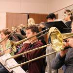 The MSHS jazz band practices for the upcoming Essentially Ellington High School Jazz Band Competition & Festival in New York City. Back row from left: Sage Eisenhour, Ethan Horn, Paula Bachtal, Brandon Wilhite. Front row from left: Tate Satterlee, James Kolke, Corey Gazit, Erik Thurston. Madison Miller/staff photo