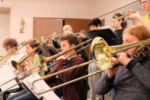 The MSHS jazz band practices for the upcoming Essentially Ellington High School Jazz Band Competition & Festival in New York City. Back row from left: Sage Eisenhour, Ethan Horn, Paula Bachtal, Brandon Wilhite. Front row from left: Tate Satterlee, James Kolke, Corey Gazit, Erik Thurston. Madison Miller/staff photo