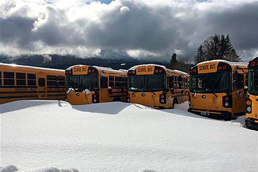 SVSD bus yard following snowstorm. Photo courtesy of Snoqualmie Valley School District