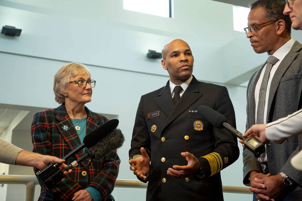 U.S. Surgeon General Jerome Adams speaking following his tour at Odessa Brown Childrens Clinic in Seattle on Feb. 7. Ashley Hiruko/staff photo.