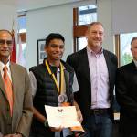 Vedullapalli was recently named a distinguished finalist in the Prudential Spirit of Community awards. From left: Abraham Mathan, Chirag Vedullapalli, MSHS principal Jim Belcher, SVSD superintendent Robert Manahan. Madison Miller / staff photo
