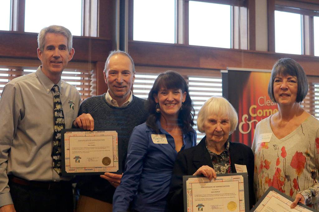 The Arts Commission was the first group to be called to the stage at the recognition event. From left: Mayor Matt Larson, Sam Insalaco, Sally Mayo, Gloria McNeely, Sally Rackets. Evan Pappas/Staff Photo