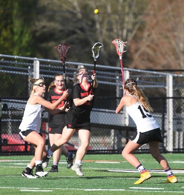 Mount Sis girls lacrosse squad was ranked seventh in the state and sported an 11-1 record at press time, according to the Washington Schoolgirls Lacrosse Association website. The playoffs begin May 6-7 and the championship game is set for May 17 at the Starfire Sports complex. Photo courtesy of Calder Productions