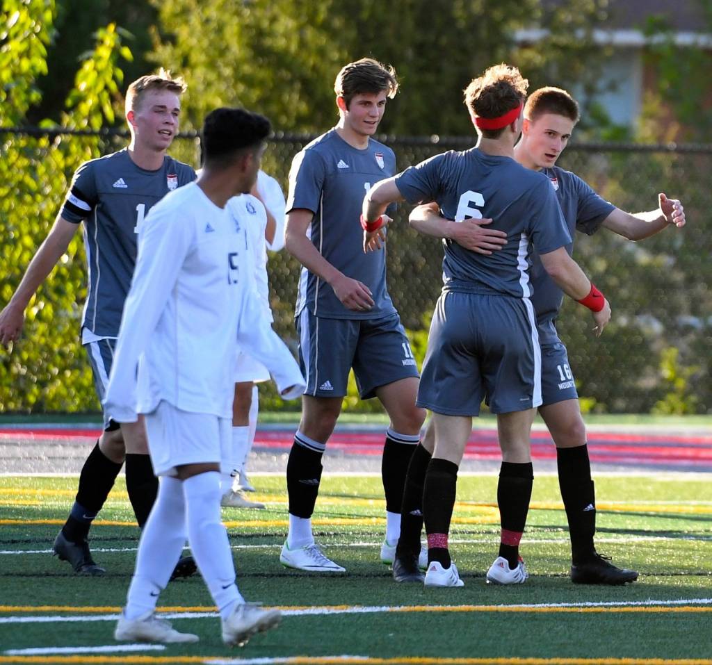 Mount Si soccer players celebrate a goal during the Wildcats 8-1 victory over Mariner on Tuesday in the 4A Wes-King District playoffs. Mount Si will host Jackson in the title match at 7 p.m. Thursday. Both teams have advanced to state. Photo courtesy of Calder Productions