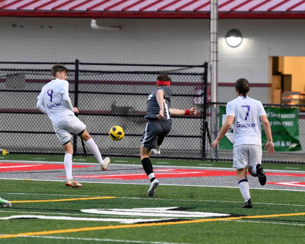 Mount Si Wildcats senior midfielder Mateo Didomenico scores the game-winning goal in the 68th minute of play against the Sumner Spartans. Photo courtesy of Calder Productions