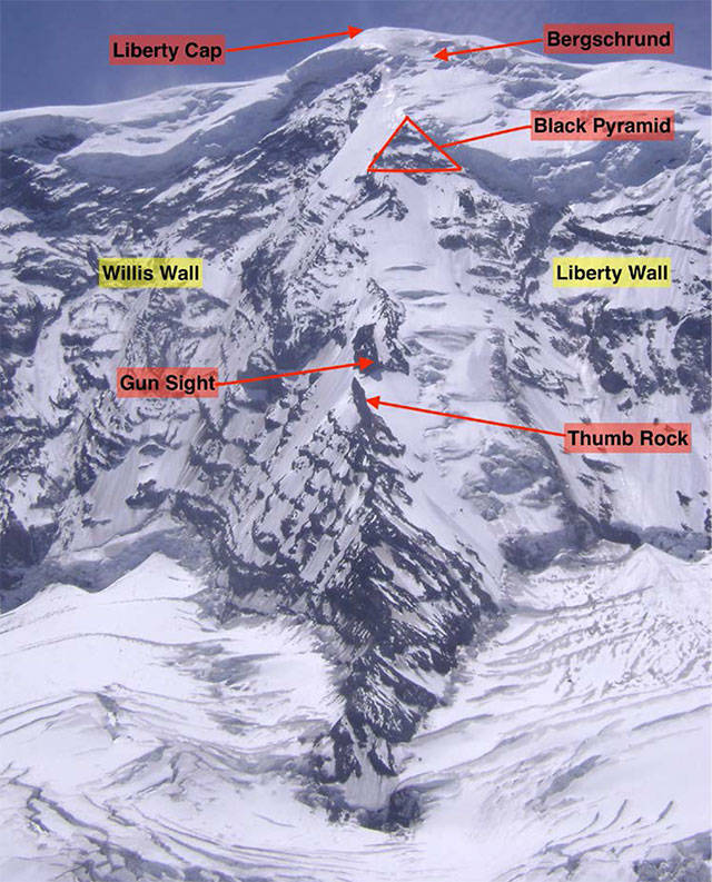An aerial photo of Liberty Ridge. According to the National Park Service, it takes an estimated 8 to 9 hours to hike from Thumb Rock to Columbia Crest (2.5 miles and 5,000 feet of elevation gain). The climbers were rescued from between Columbia Crest, Mount Rainiers highest peak, and Liberty Cap, the mountains lowest peak. Image courtesy National Park Service                                An aerial photo of Liberty Ridge. According to the National Park Service, it takes an estimated 8 to 9 hours to hike from Thumb Rock to Columbia Crest (2.5 miles and 5,000 feet of elevation gain). The climbers were rescued from between Columbia Crest, Mount Rainiers highest peak, and Liberty Cap, the mountains lowest peak. Image courtesy National Park Service