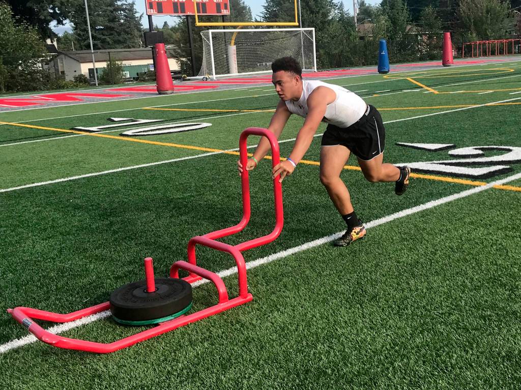 Mount Si Wildcats running back Cole Norah pushes a sled during the Wildcats speed and agility camp on July 23 at Mount Si High School in Snoqualmie. Shaun Scott/staff photo