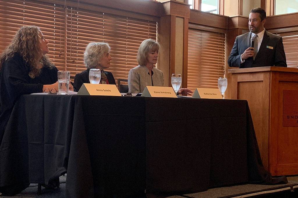 Three candidates for Snoqualmie City Council position 2 answered questions presented by Snoqualmie Casino CEO Brian Decorah. Madeline Coats/staff photo