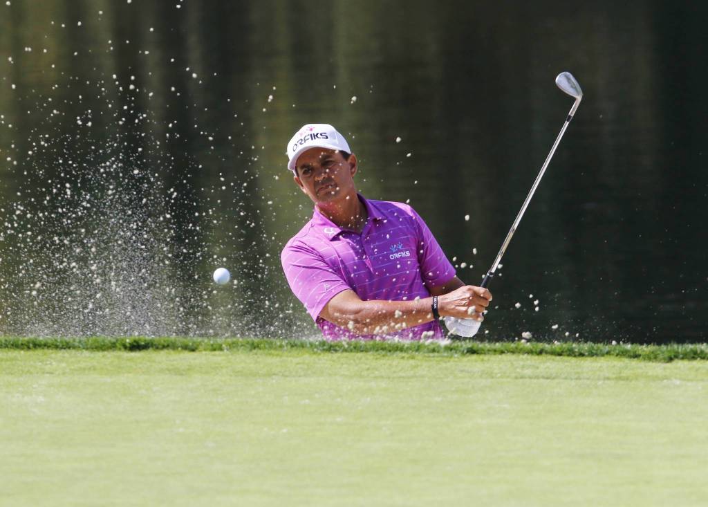 Boeing Classic runner-up Tom Pernice Jr. blasts out of the bunker on the No. 9 par 3 for a birdie on Aug. 25 at The Club at Snoqualmie Ridge. Photo courtesy of Jim Nicholson
