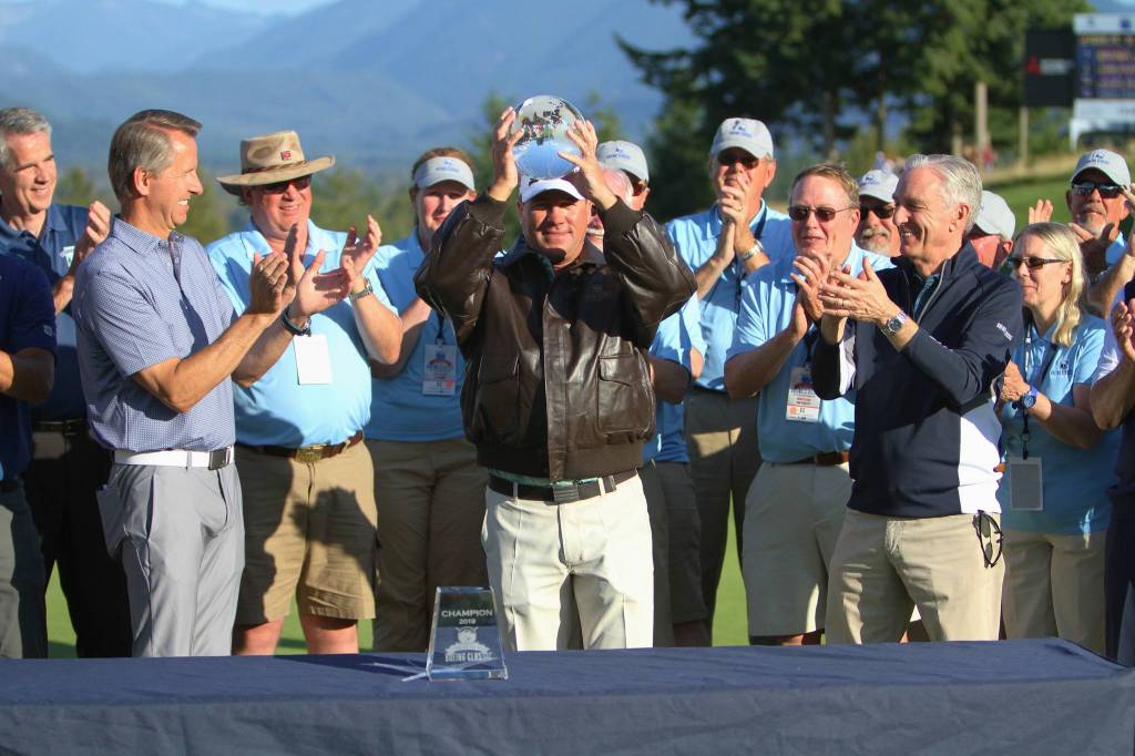 Brandt Jobe receives the champions trophy on Aug. 25 at the Boeing Classic held at The Club at Snoqualmie Ridge. Photo courtesy of Jim Nicholson