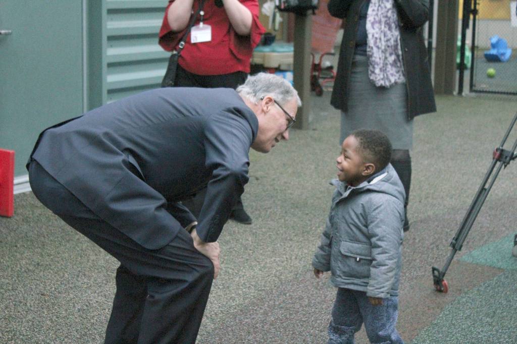 In this January 2019 photo, Gov. Jay Inslee visited the new Childrens Home Society of Washington Highline Early Learning Center in Des Moines to applaud the benefits of early education programs and promote his funding proposal to continue to fund programs like it. Sound Publishing file photo