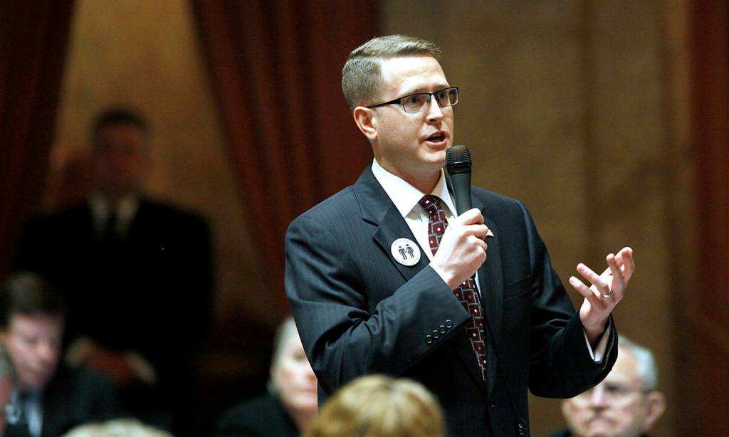 In this 2012 photo, Rep. Matt Shea speaks in Olympia. Newly leaked emails show that Shea has had close ties with a group that trained children and young men for religious combat. (AP Photo/Elaine Thompson,File)