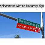 MSHS student photoshop rendering of what the new Wildcat Way street signs may look like. Photo captured from the Aug. 26 city council meeting
