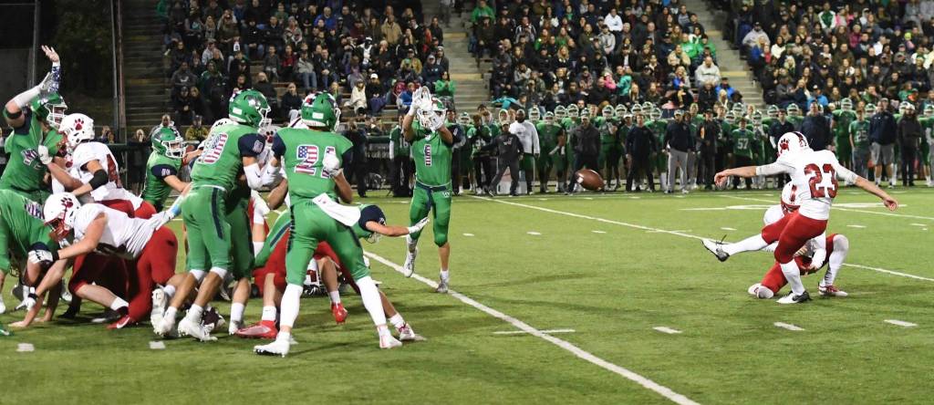 Mount Sis Colby Ramsey connects on a 33-yard field goal to give the Wildcats a 3-0 lead over Woodinville in the third-quarter on Sept. 28 at Pop Keeney Stadium in Bothell. Woodinville scored with less than 30 seconds remaining in the game to win, 7-3. Photo courtesy of Calder Productions