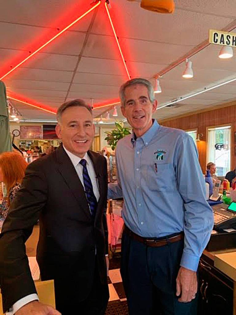 Dow Constantine and Snoqualmie mayor Matt Larson at Twedes Cafe in North Bend. Photo courtesy of King County Executive Office