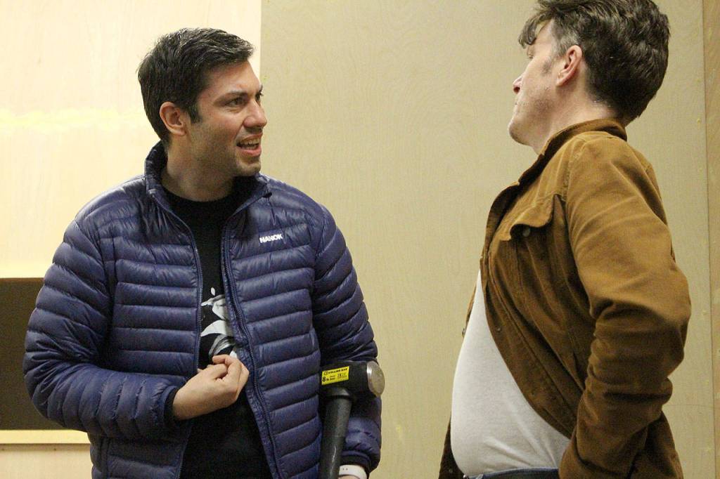 Chris Clark (Curly) and Tom Stewart (George) rehearse for VCSs upcoming production of Of Mice and Men Oct. 10. Madison Miller / staff photo
