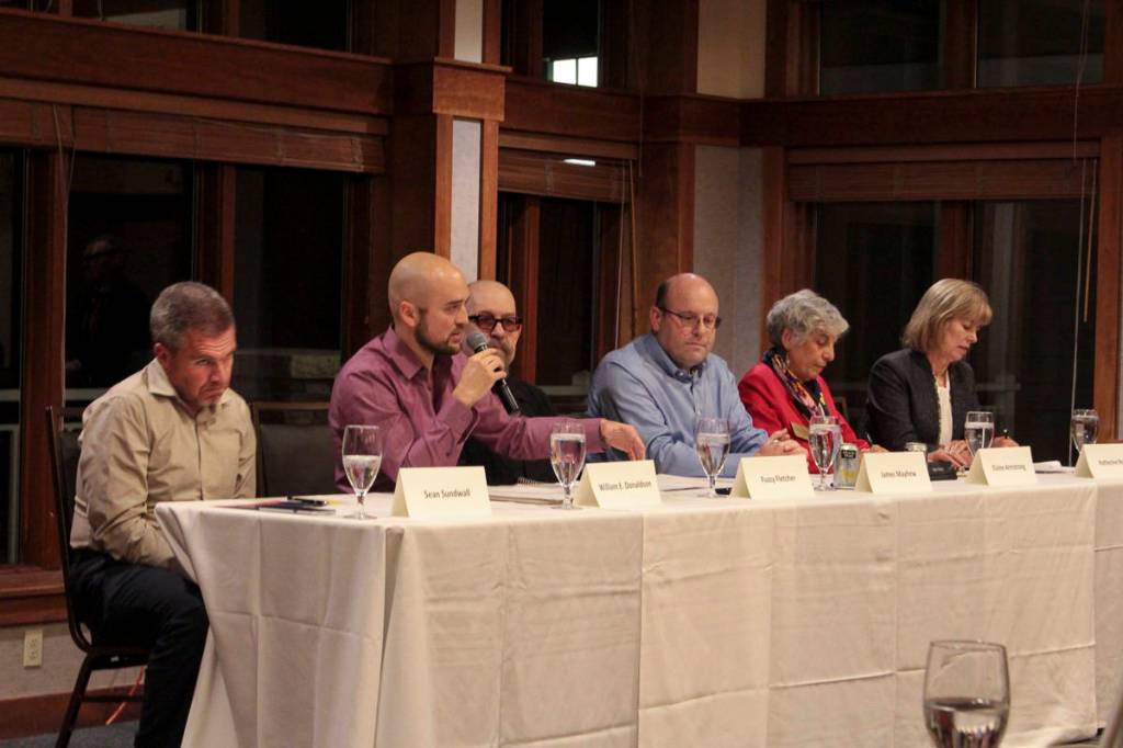 Photo by Natalie DeFord/staff photo                                From left, Snoqualmie city council candidates incumbent Sean Sundwall, William Donaldson, Fuzzy Fletcher, incumbent James Mayhew, Elaine Armstrong and incumbent Katherine Ross participate in a forum hosted by the SnoValley Chamber of Commerce on Oct. 9.