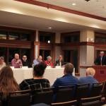 Natalie DeFord/staff photo                                From left, Snoqualmie city council candidates incumbent Sean Sundwall, William Donaldson, Fuzzy Fletcher, incumbent James Mayhew, Elaine Armstrong and incumbent Katherine Ross, and moderator Jonas Means of SnoValley Chamber at a forum on Oct. 9.
