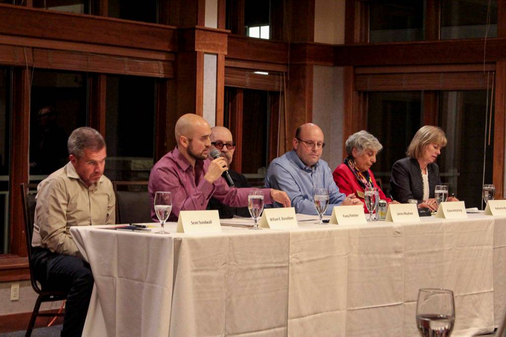 Photo by Natalie DeFord/staff photo                                From left, Snoqualmie city council candidates incumbent Sean Sundwall, William Donaldson, Fuzzy Fletcher, incumbent James Mayhew, Elaine Armstrong and incumbent Katherine Ross participate in a forum hosted by the SnoValley Chamber of Commerce on Oct. 9.