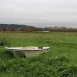 A boat sits on a small hill at Local Roots Farm, which Siri Erickson-Brown and her partner Jason Salvo used to row their children across their flooded farm to the road earlier this week. Aaron Kunkler/staff photo