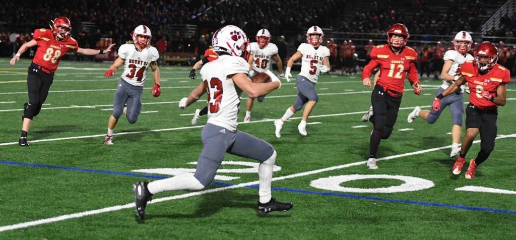 Mount Sis Stuart Demerit returns an interception against Newport on Oct. 25. Photo courtesy of Calder Productions