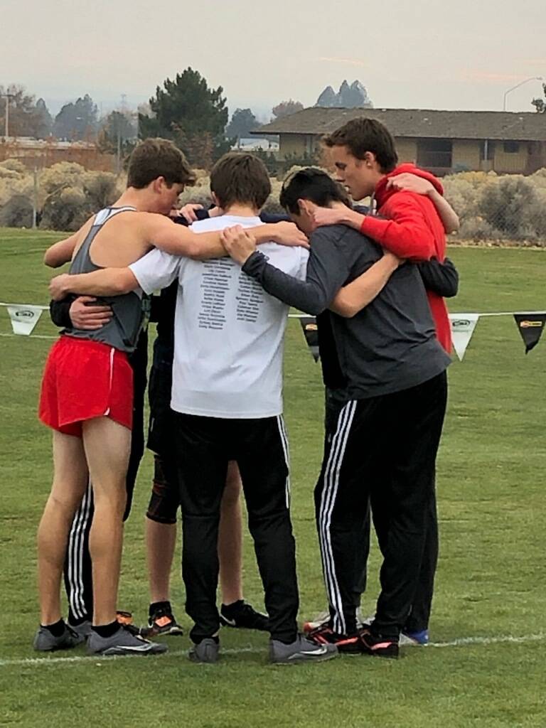 Mount Sis running squad at state: from left, Nic Ayling, Paul Talens, Tychon Preston, Andrew Ross, Will Connors, Austin Gappa, Luke Harper, Jack Pratapas and Tristan Gray. Coaches are, from left: Blake Kimmell, Amy Johnson, Sean Sundwall and Kelly Saunders. Courtesy photo