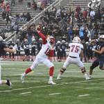 Mount Si quarterback Clay Millen fires a 30-yard touchdown pass to Brayden Holt. Photo courtesy of Calder Productions