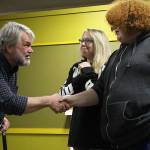 Tim Platt as Scrooge (left) with Natalie Collins and Rick Bennett as charity solicitors in VCSs production of A Christmas Carol. Madison Miller / staff photo