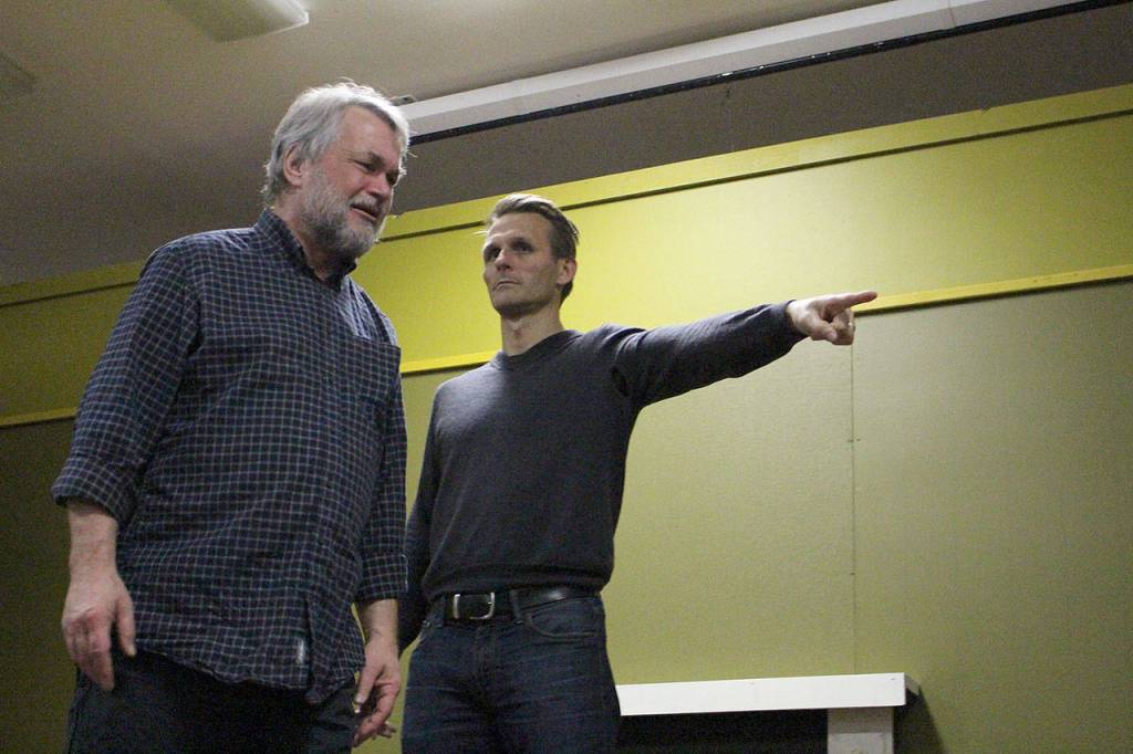 Tim Platt (Scrooge) and Jamie Park (Christmas Yet to Come) rehearse for VCSs production of A Christmas Carol on Nov. 19. Madison Miller / staff photo