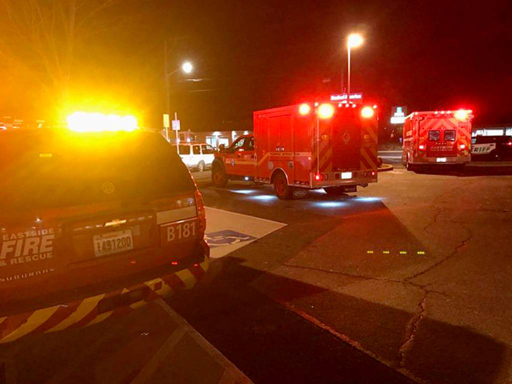 Responders made a showing outside the North Bend movie theater on Nov. 29, after someone called and reported a box they discovered. It was full of urine. Photo courtesy of Eastside Firefighters.