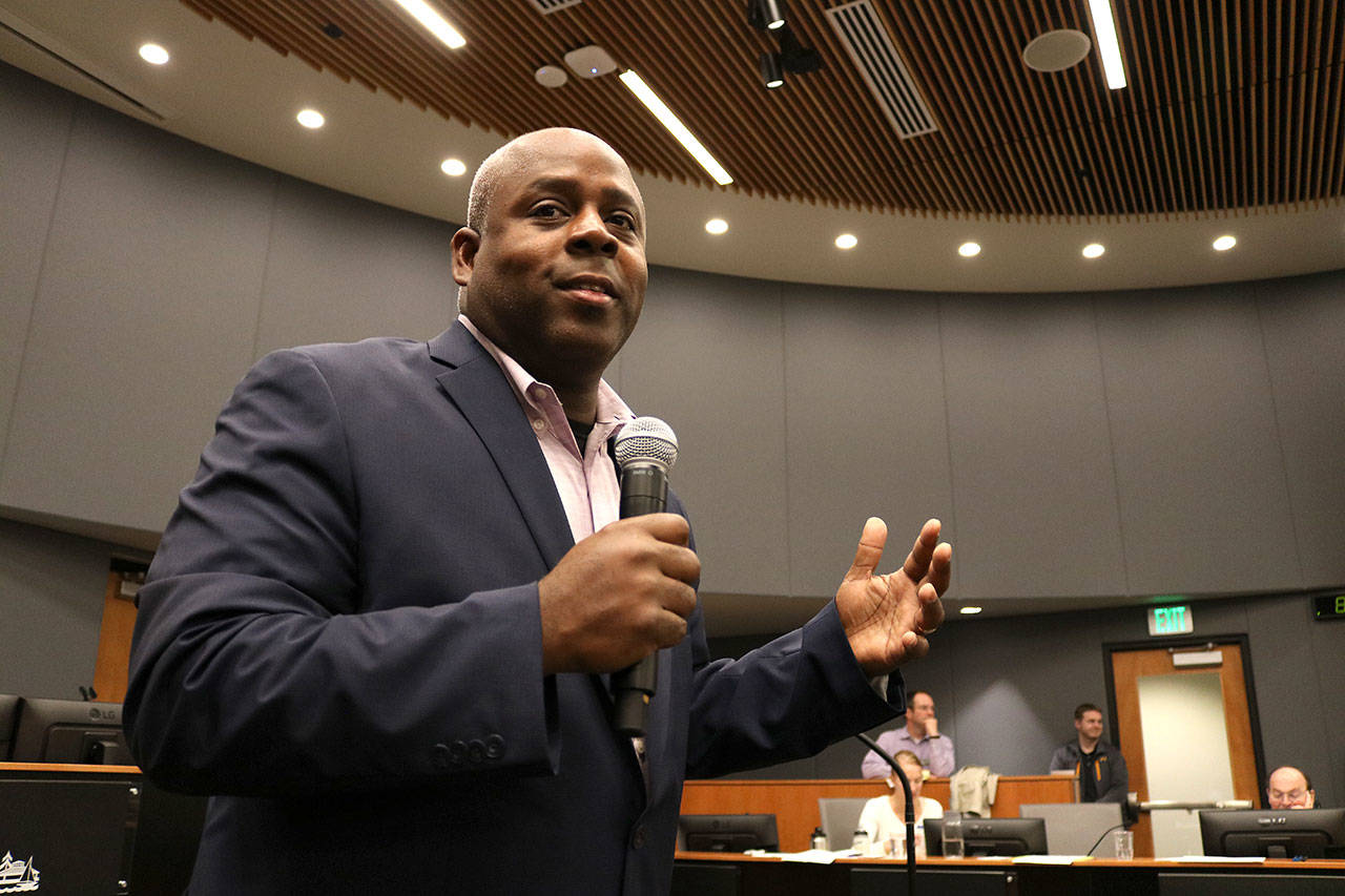 James Whitfield speaks at a community-led town hall meeting at Kirkland City Hall on Nov. 27, 2018 following an incident at Menchies Frozen Yogurt Shop in which the police was called on a black man. Kailan Manandic/staff photo