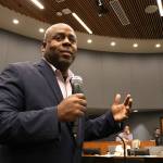 James Whitfield speaks at a community-led town hall meeting at Kirkland City Hall on Nov. 27, 2018 following an incident at Menchies Frozen Yogurt Shop in which the police was called on a black man. Kailan Manandic/staff photo