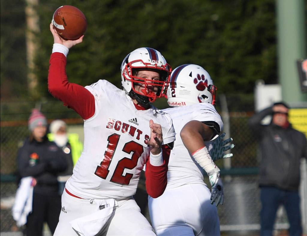 Mount Si quarterback Clay Millen throws a pass during the Wildcats 35-14 loss to Camas. Photo courtesy of Calder Productions
