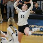 Mount Si graduate Courteney Carr delivers a set for the Northwest University squad. Photo courtesy of Northwest University