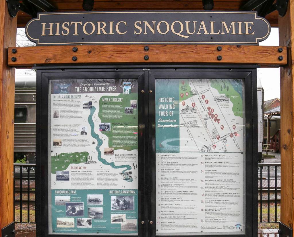 New informational displays adorn the kiosk near the Snoqualmie Depot, depicting a walking tour of the Historic Downtown and its events. The design was created by local artist Kat Marshello. Photo courtesy of the City of Snoqualmies website.