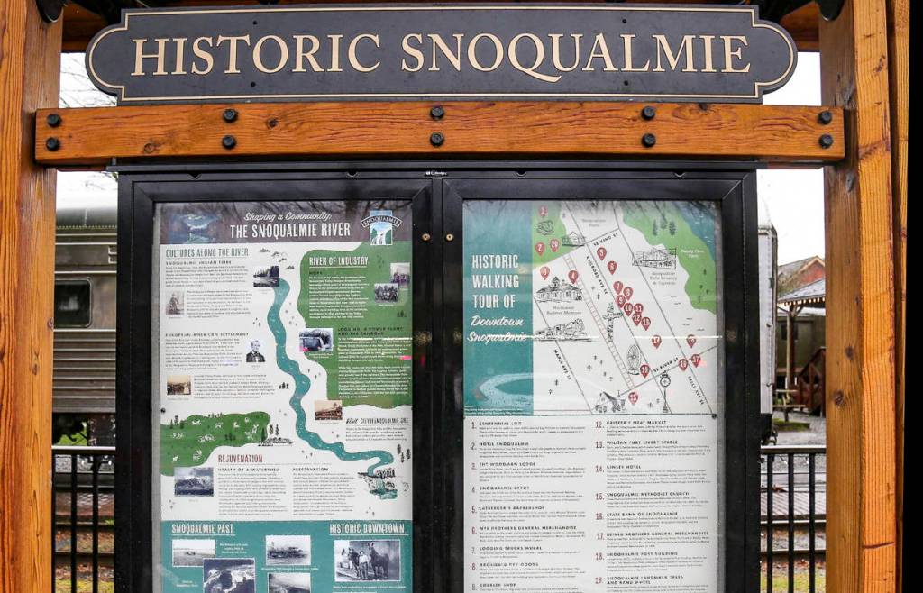 New informational displays adorn the kiosk near the Snoqualmie Depot, depicting a walking tour of the Historic Downtown and its events. The design was created by local artist Kat Marshello. Photo courtesy of the City of Snoqualmies website.
